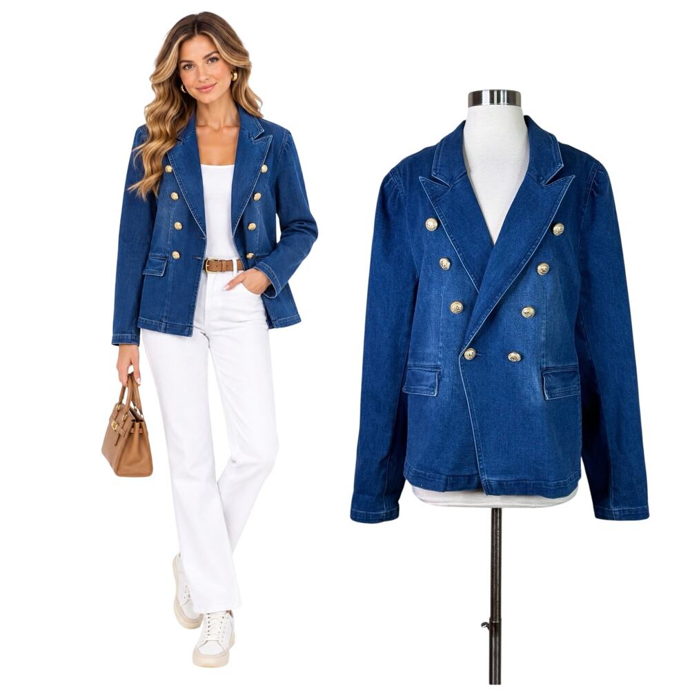 Boston Proper | Dark Wash Denim Double Breasted Gold Button Jean Blazer XL